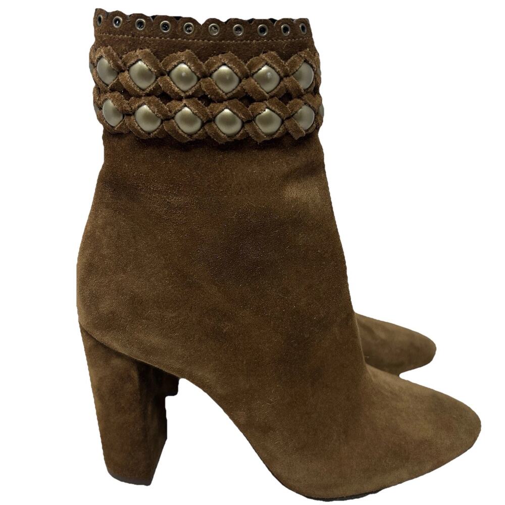 YSL Saint Laurent Lou Ankle Boots 7.5 37.5 Brown Suede Silver Studs 3.5" Heel